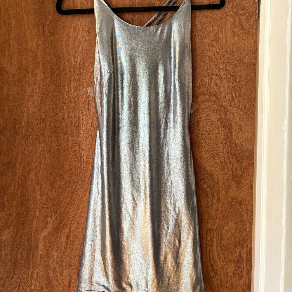 by the way. Silver Metallic Strappy Mini Dress • Open Back Cowl Detail • Size M